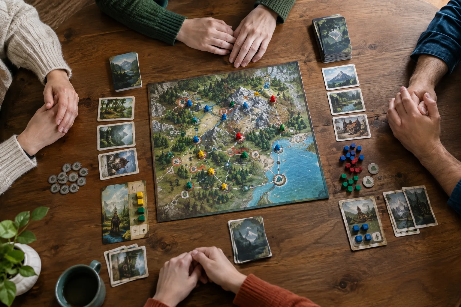 Des mains réunies autour d’un plateau et de cartes, dans une posture d’écoute.