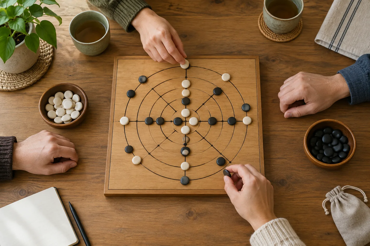 Des mains suivent un parcours sur le plateau du Jeu du Tao posé sur une table.