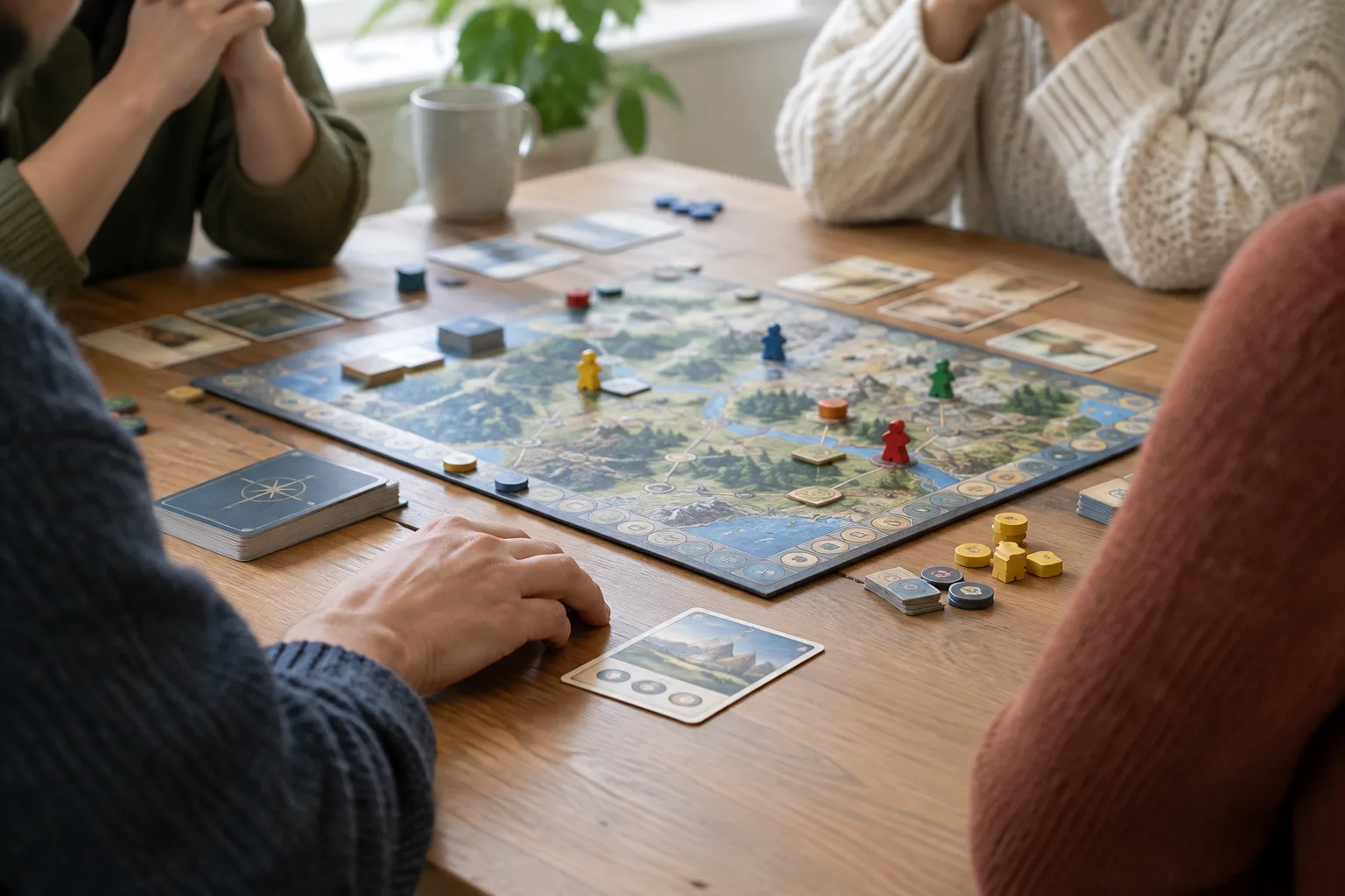 Des mains près d’une carte de question pendant que les autres joueurs écoutent.