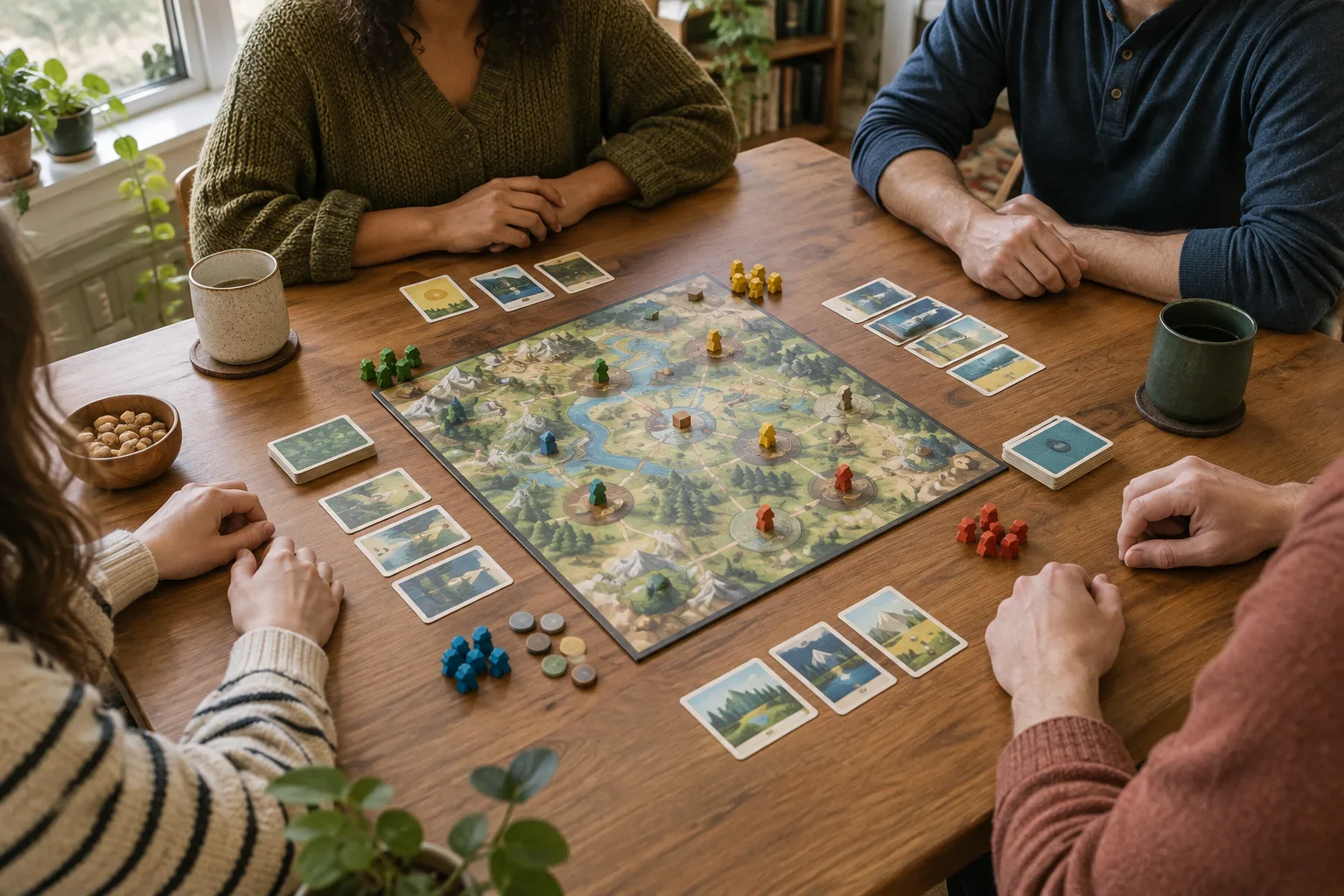 Des joueurs réunis autour d’un plateau de jeu, attentifs aux cartes et aux échanges.