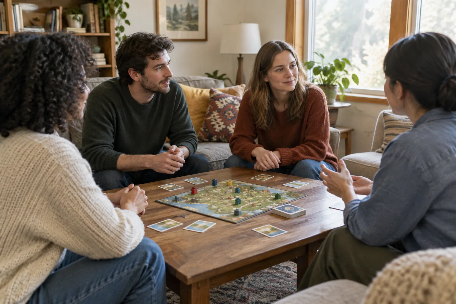 Des joueurs réunis autour d’un plateau et de cartes pendant une partie coopérative.