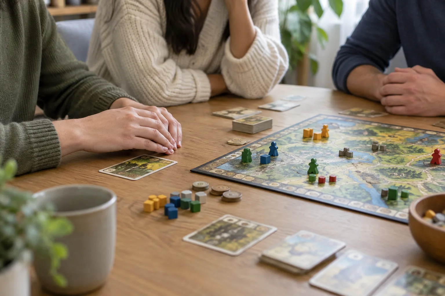 Des mains posées près d’une carte tandis que le groupe écoute le joueur actif.