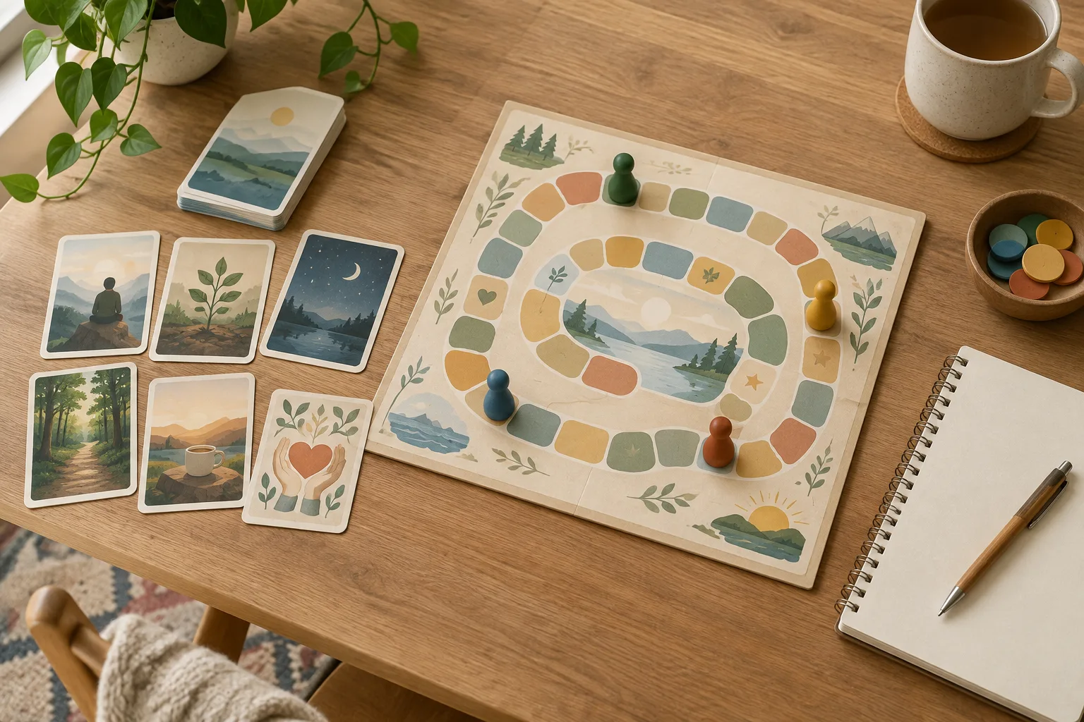 Des cartes posées près d’un plateau de jeu et d’un carnet sur une table éclairée naturellement.