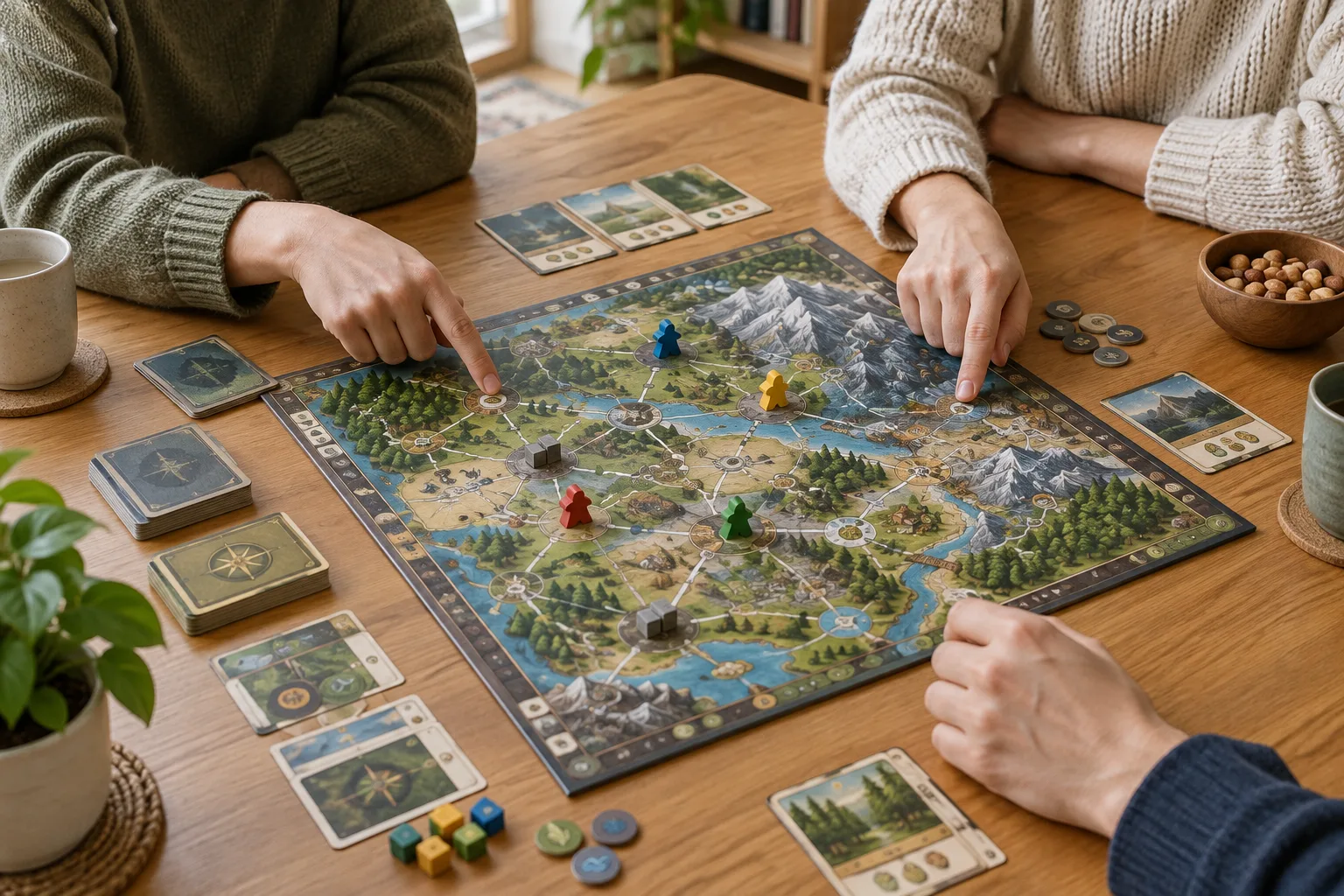 Des mains montrent différentes zones d’un plateau de jeu installé sur une table.