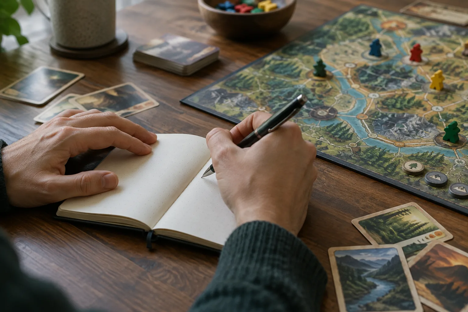 Une main note quelques mots dans un carnet posé à côté du plateau de jeu.
