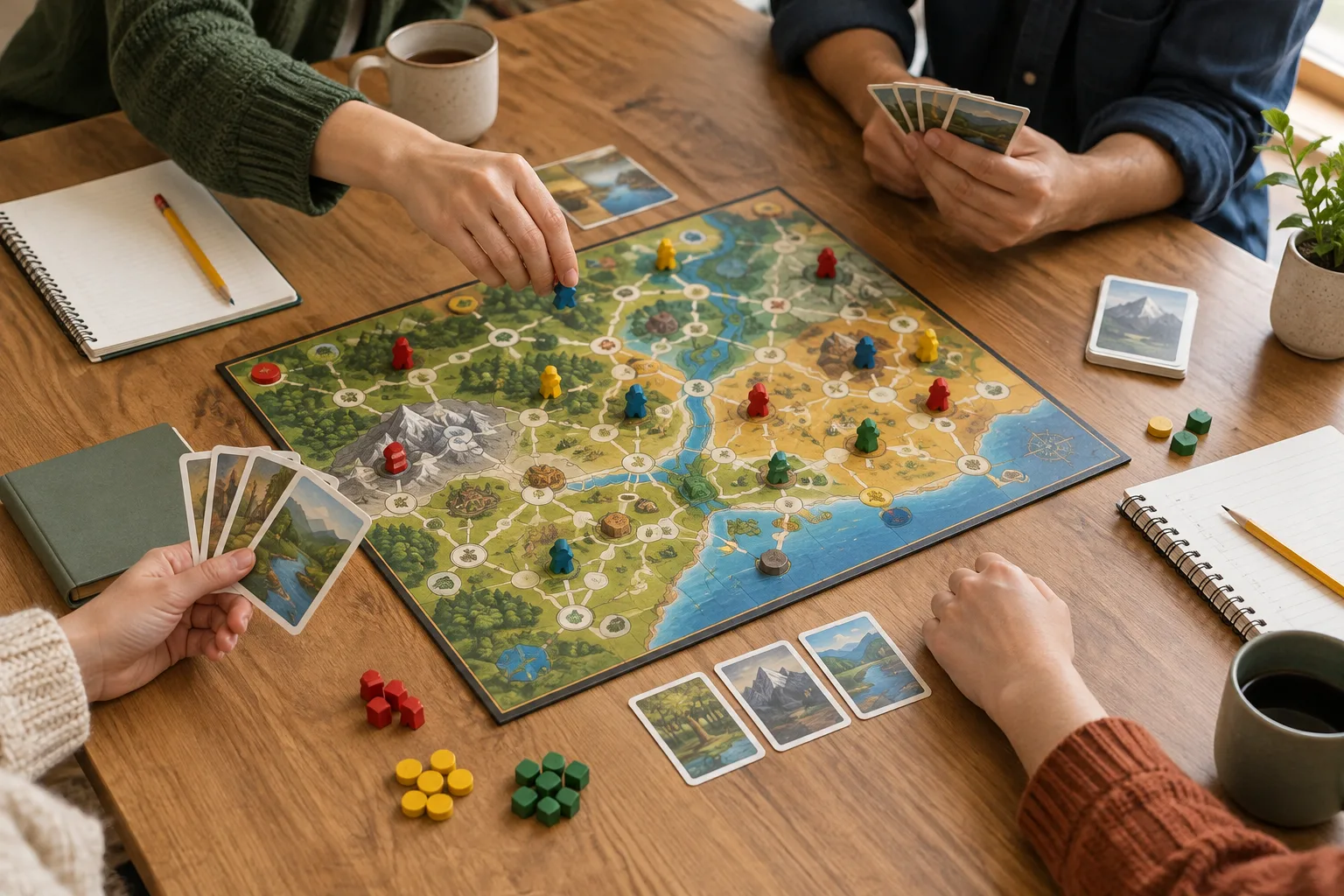Un carnet et un crayon posés près du plateau et des cartes du Jeu du Tao.