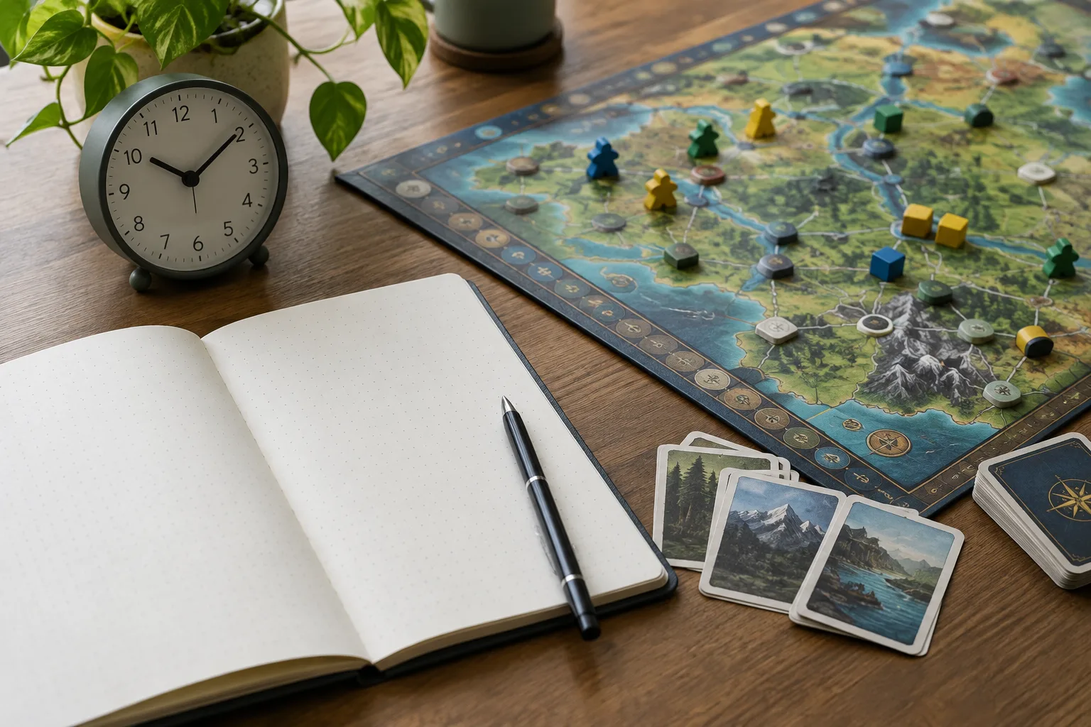Un carnet vierge, un plateau de jeu et une horloge posés sur une table.