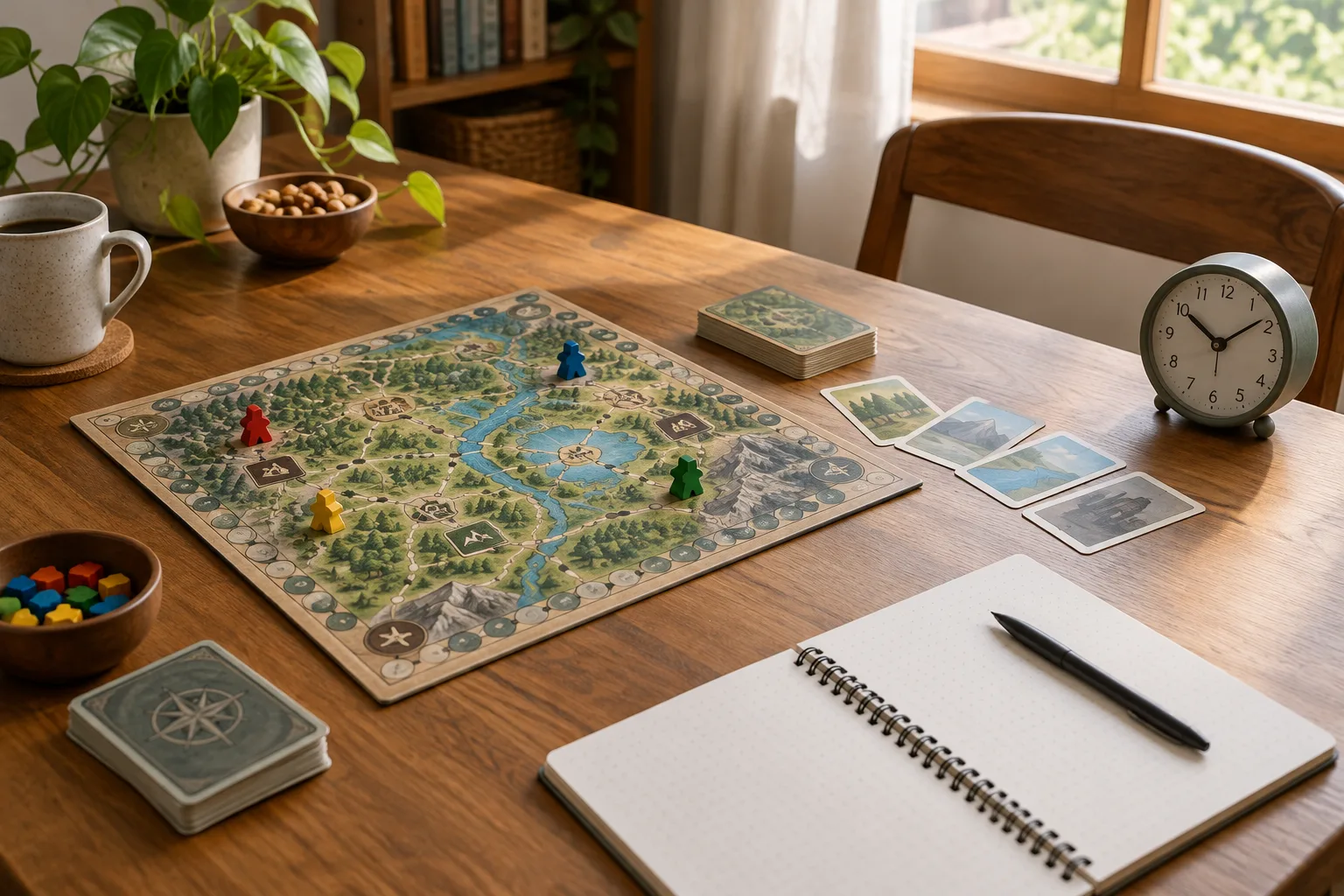 Un plateau de jeu et des cartes près d’un carnet ouvert et d’une horloge.