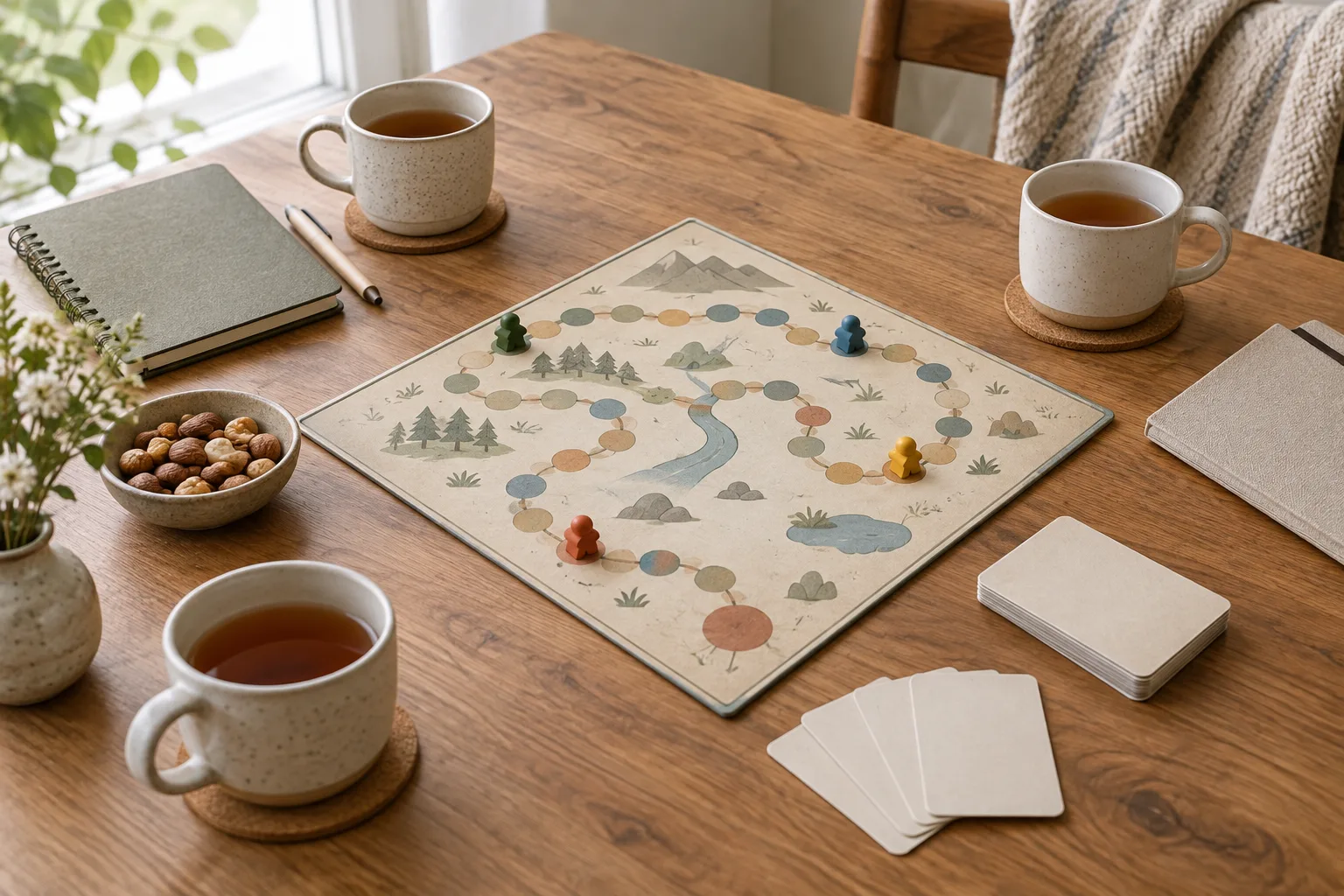 Un plateau de jeu et des cartes disposés sur une table accueillante avant une partie en petit groupe.