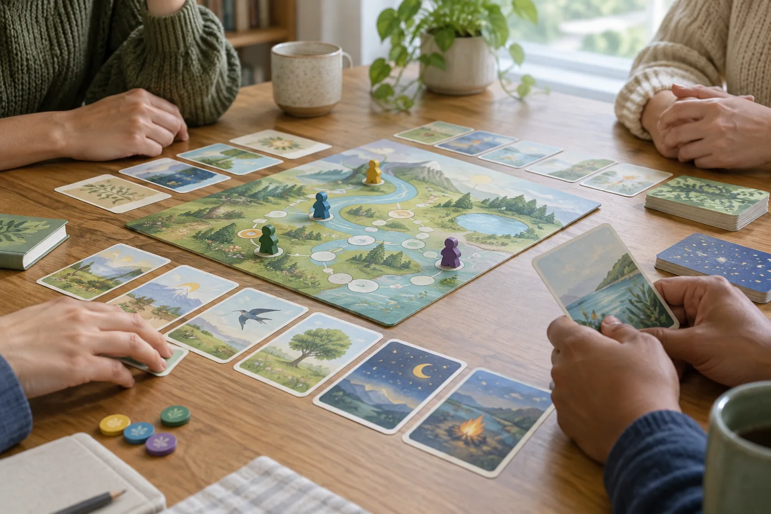 Des mains autour de cartes et d’un plateau pendant une partie de réflexion en groupe.