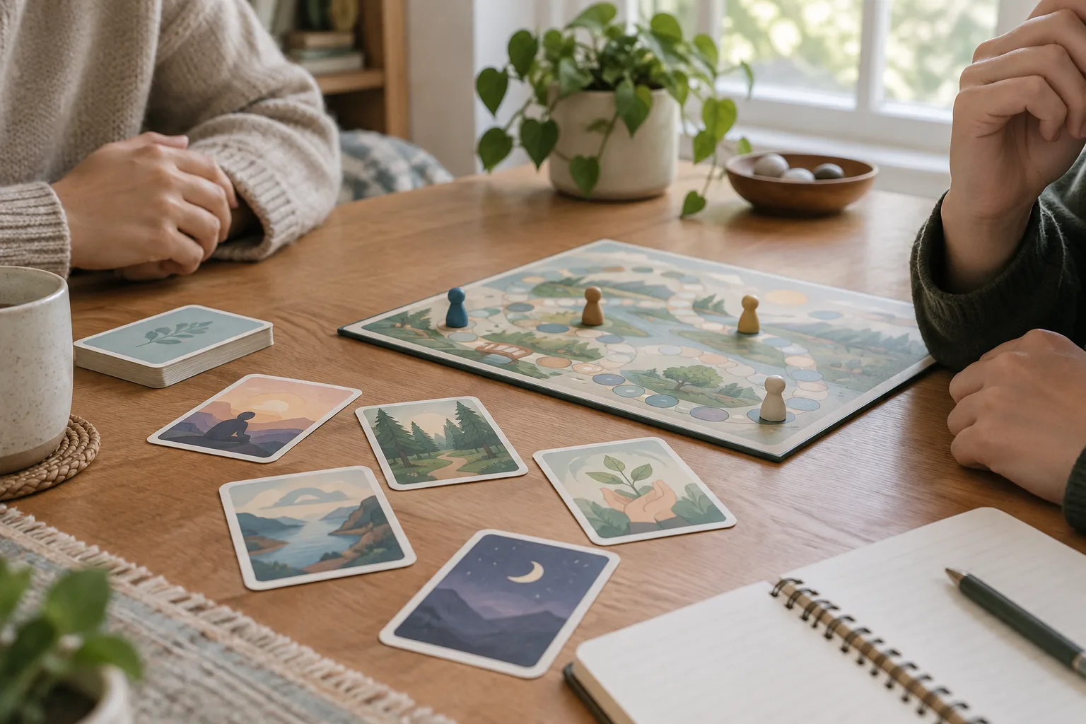 Des cartes illustrées posées près d’un plateau et d’un carnet pendant une partie.