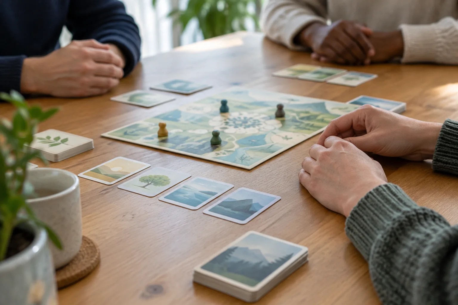Des mains posées près d’un plateau et de cartes pendant que le groupe observe un temps de silence.