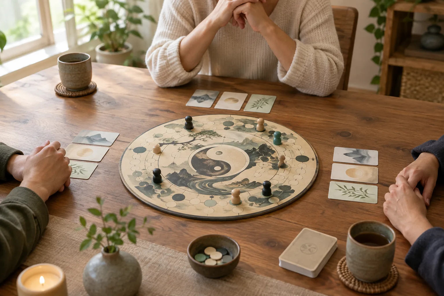 Des cartes et un plateau de jeu sur une table, tandis que les participants prennent un temps de réflexion.