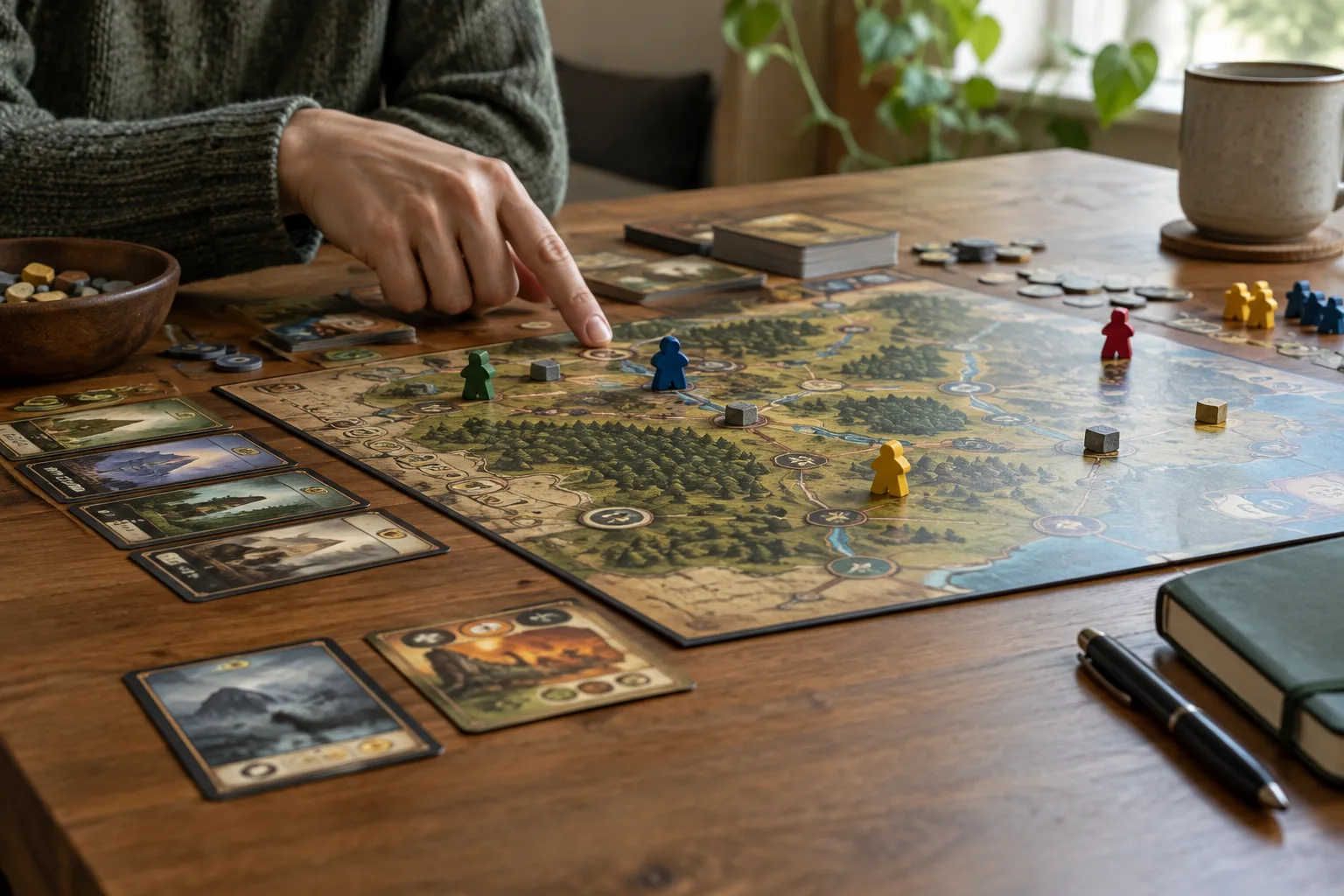 Un jeu mis en pause, avec le plateau et les cartes restés en place près d’un carnet fermé.