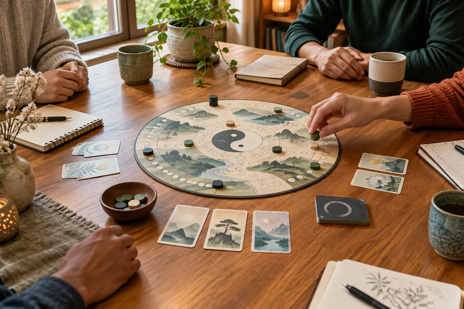 Un plateau de jeu et des cartes posés sur une table, avec des mains de joueurs autour.