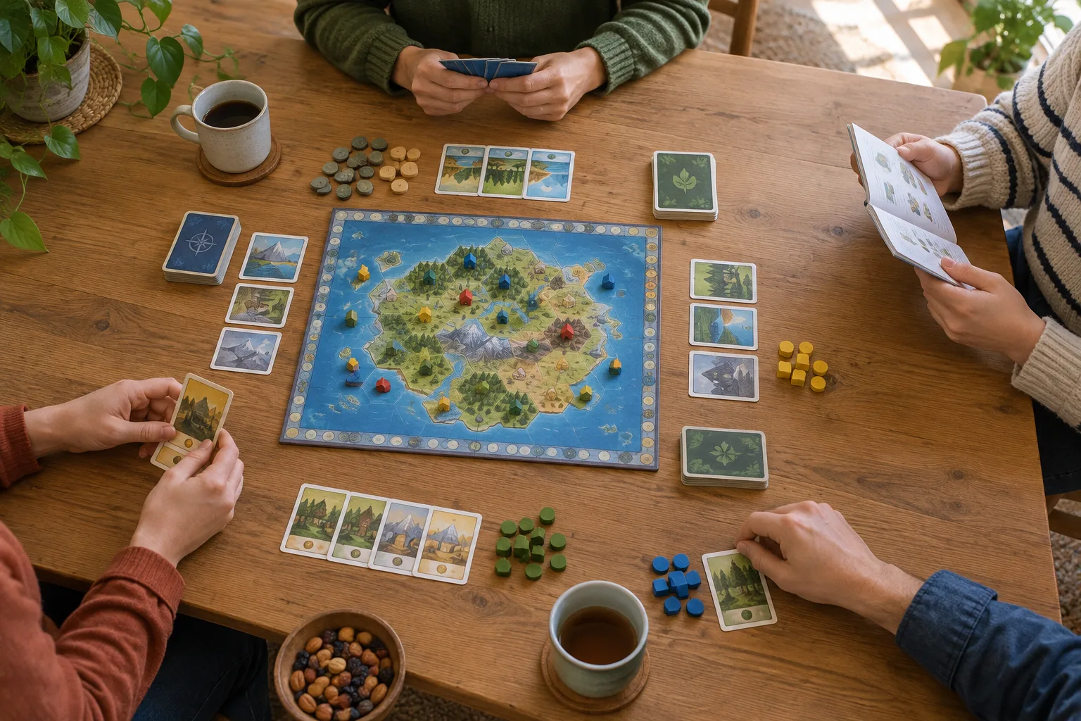 Des joueurs consultent ensemble un livret de règles autour d’un plateau de jeu.