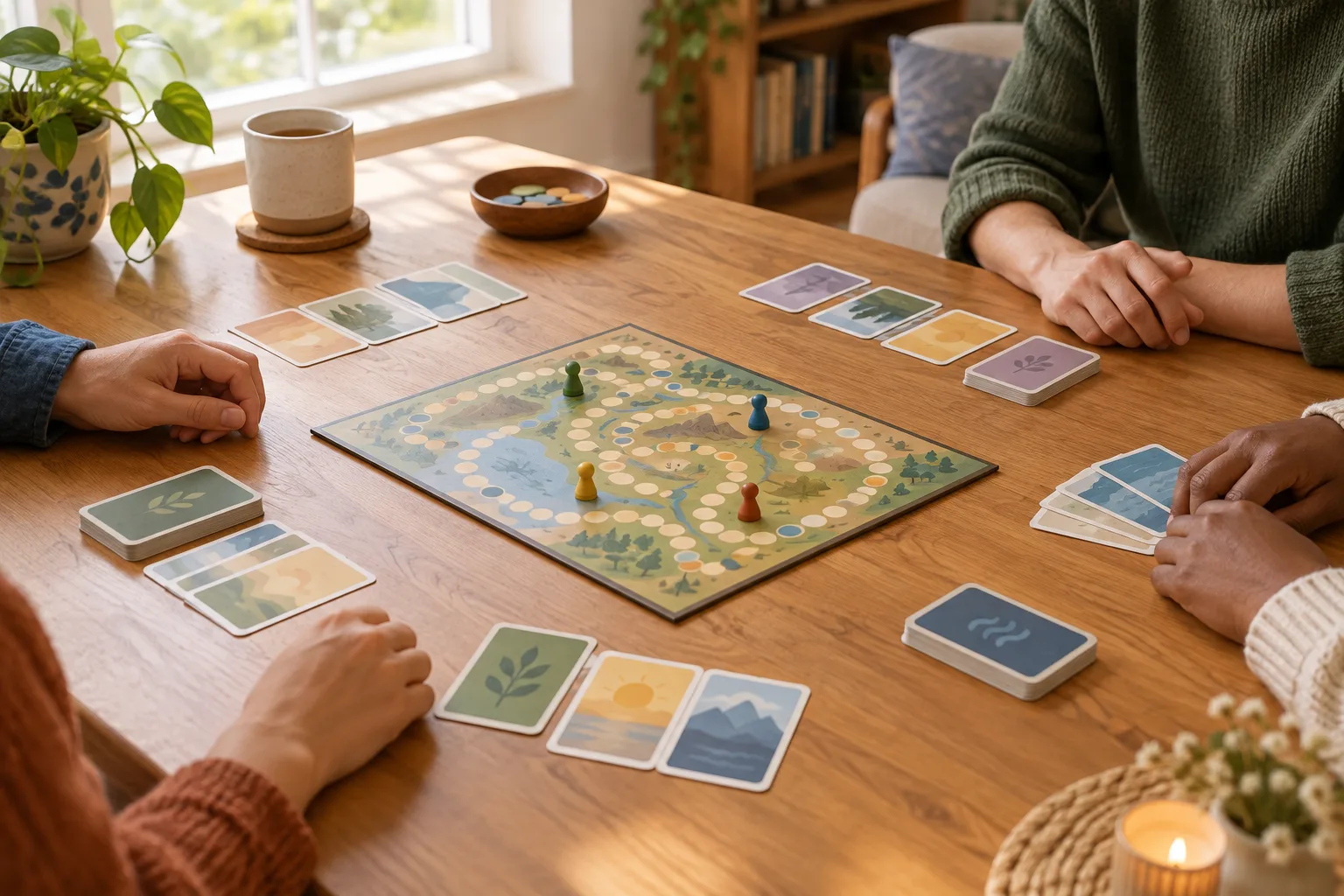 Des mains près d’un plateau et de cartes pendant un échange autour d’un jeu de réflexion.